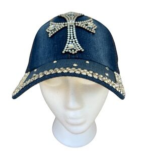 Rhinestone Cross Studded Bling Chic Denim Blue Wash Adjustable Baseball Hat OS